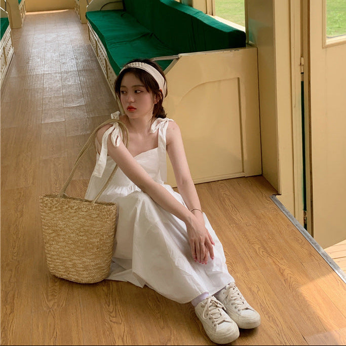 French Gentle Wind Fairy Skirt Lace-up Bow-knot Temperament Suspender Dress