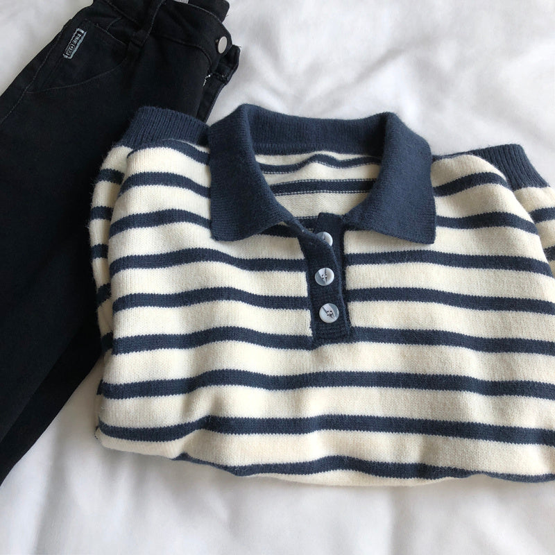 Women's Polo Polo Collar Stripes Sweater Long Sleeve Knitted Top