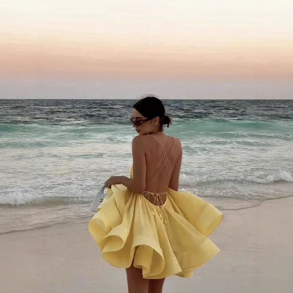 Sexy Sling Deep V-neck Backless Pleated Tulle Tutu Dress