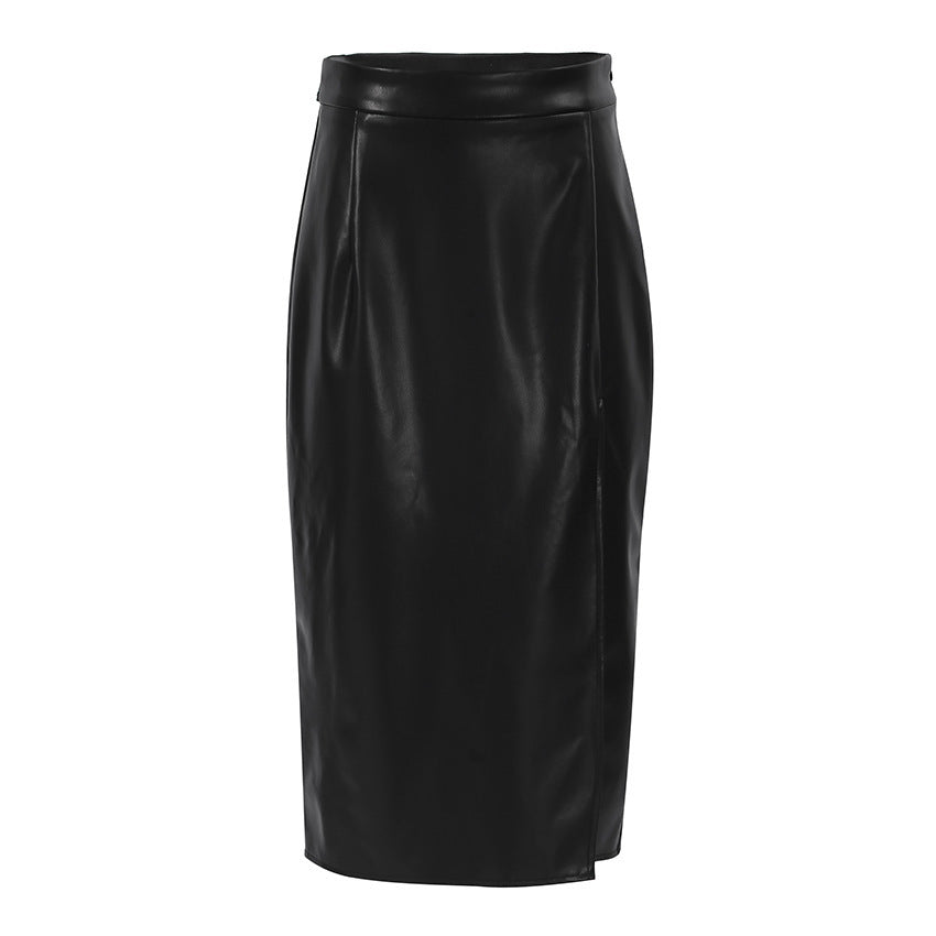 Slit Leather Mid Length Skirt High Waist Skirt