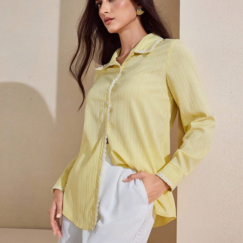 Temperament Lace Long-sleeved Shirt Solid Color Cardigan Top