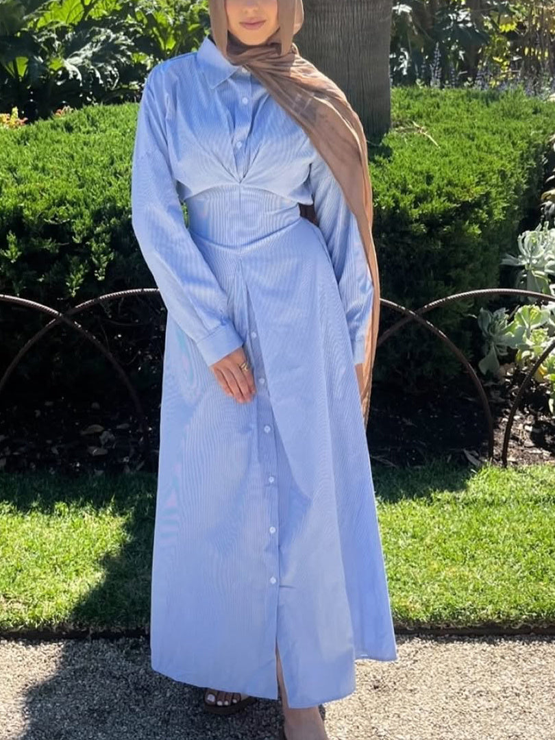 Blue Striped Single-breasted Shirt Dress