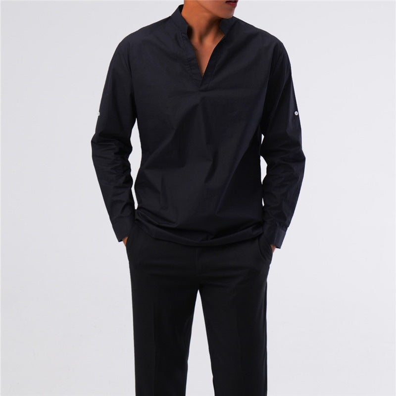 Men's Solid Color Men's Shirts Men's Pullover Stand Collar Long-Sleeved Shirts