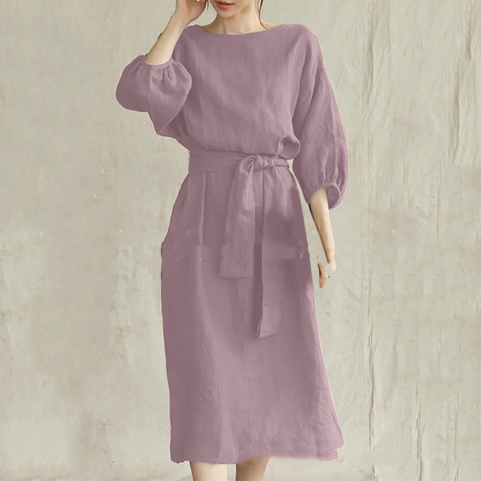 Mid-length High Waist Lace-up Solid Color Round Neck Dress