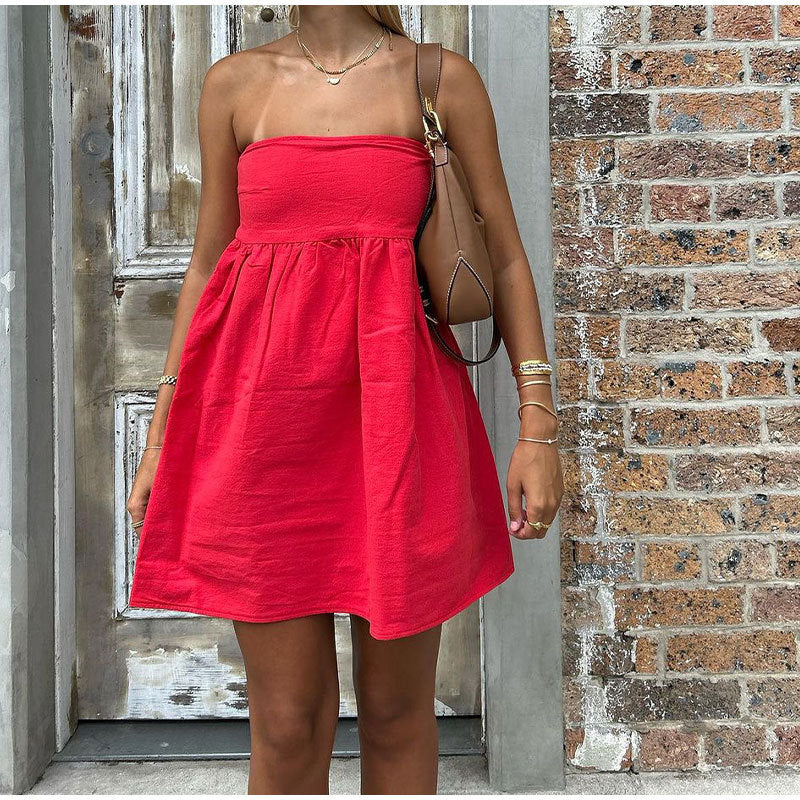 Fashionable Retro Pure Color Tube-top Sleeveless Midi Dress