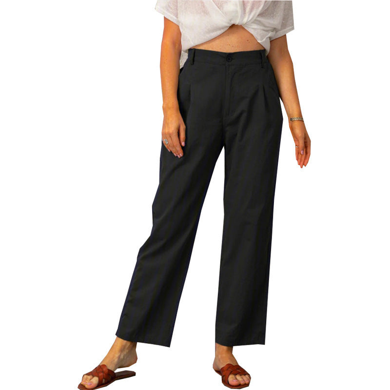 Solid Color High Waist Loose Straight Trousers
