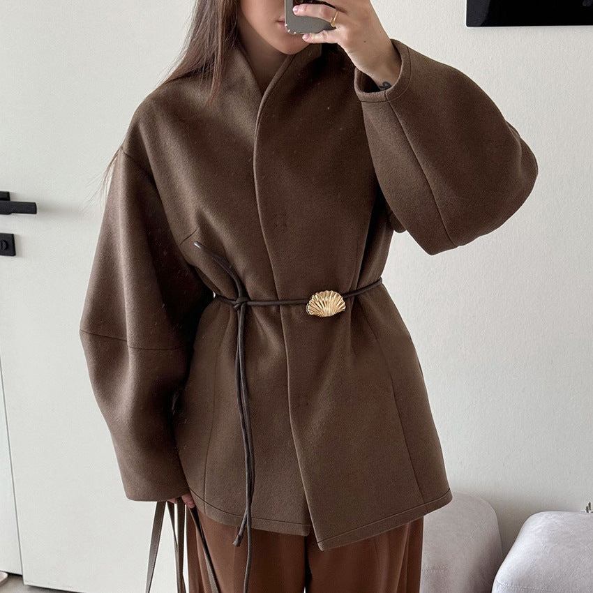 High-grade Brown Waist-tight Woolen Coat For Women