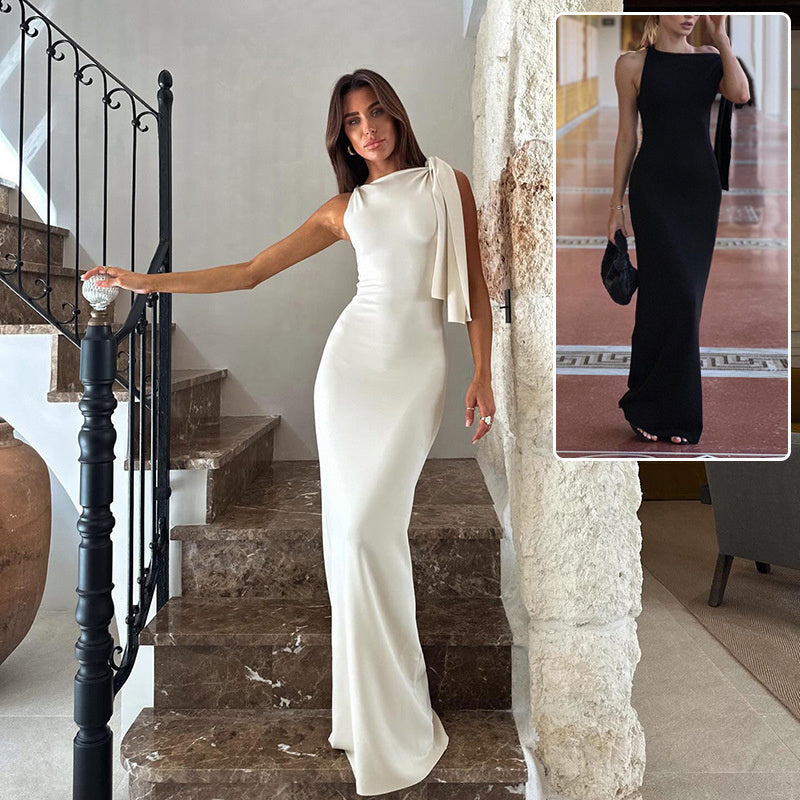 One-shoulder Ribbon Long Dress Ins Fashion Slim Sleeveless Dresses For Evening Party Club Clothing Women