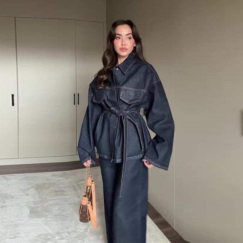 Fitted Waist Turn-down Collar Waist Denim Coat