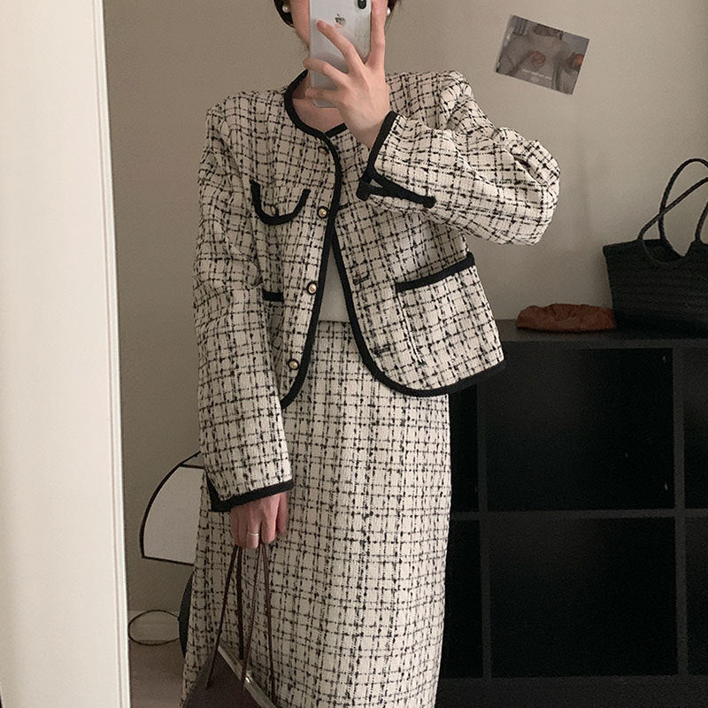 Small Country Style Round Neck Tweed Short Coat High Waist Plaid Skirt Suit