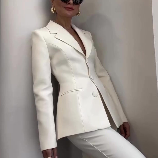 Classic Waist-cinched Blazer & High-waisted Pants White Suit