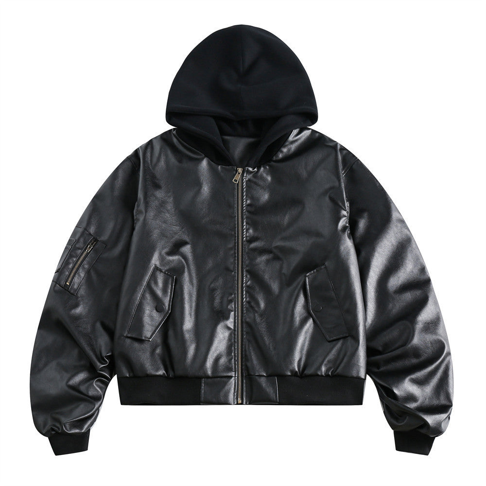 Hooded PU Leather Workwear Jacket For Men