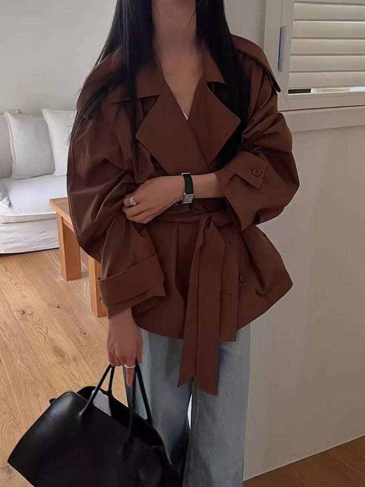 Vintage Suit Collar Lace-up Waist-controlled Long Sleeve Trench Coat Short Coat