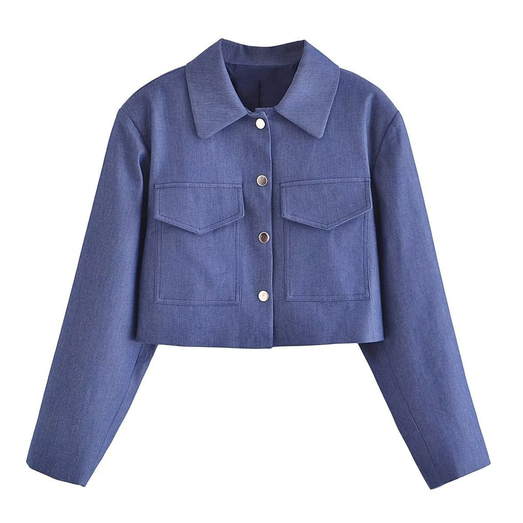 Double Pocket Cropped Coat Top High Waist Wide Leg Pants Suit