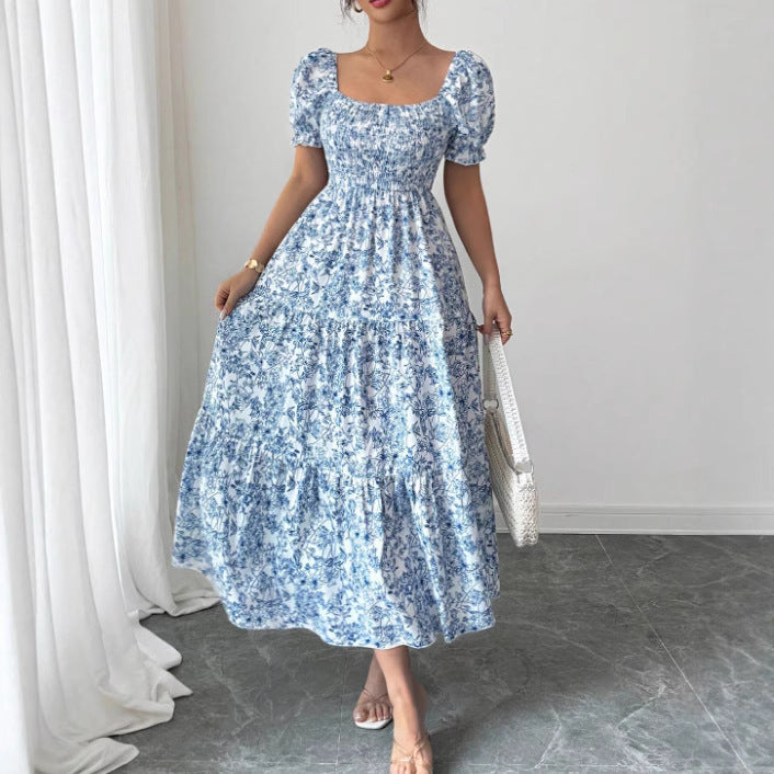 Elegant Idle Style Printed Square Collar Loose Long Puff Sleeve Dress