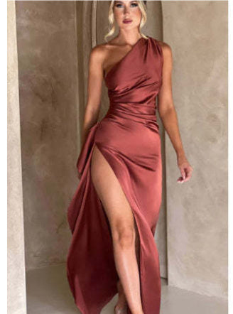 One-shoulder Backless Slit Dress Summer Elegant Slim-fit Solid Color Satin Dresses For Women