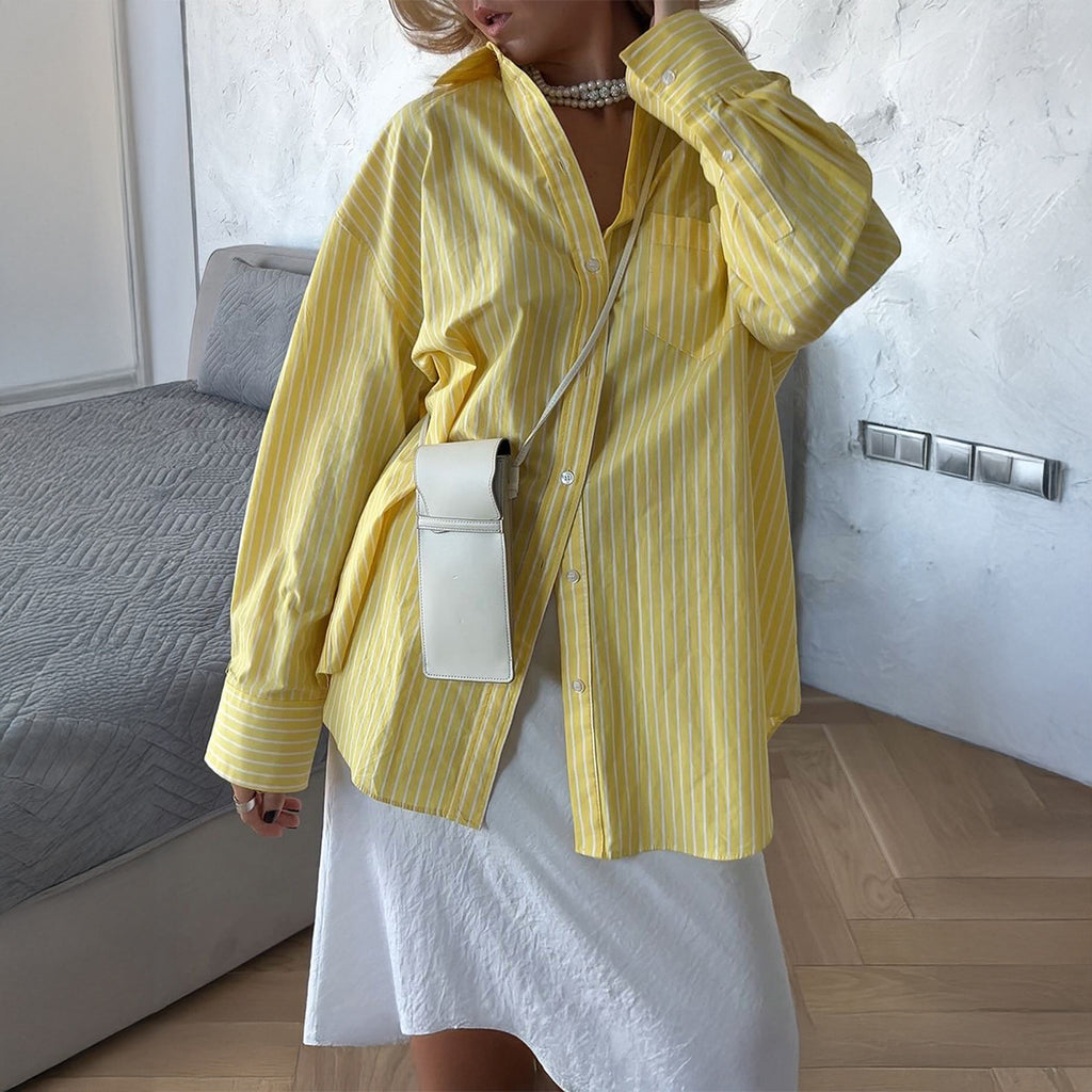 Casual Loose And Simple Style Button Cardigan Striped Contrast Color Top Shirt For Women