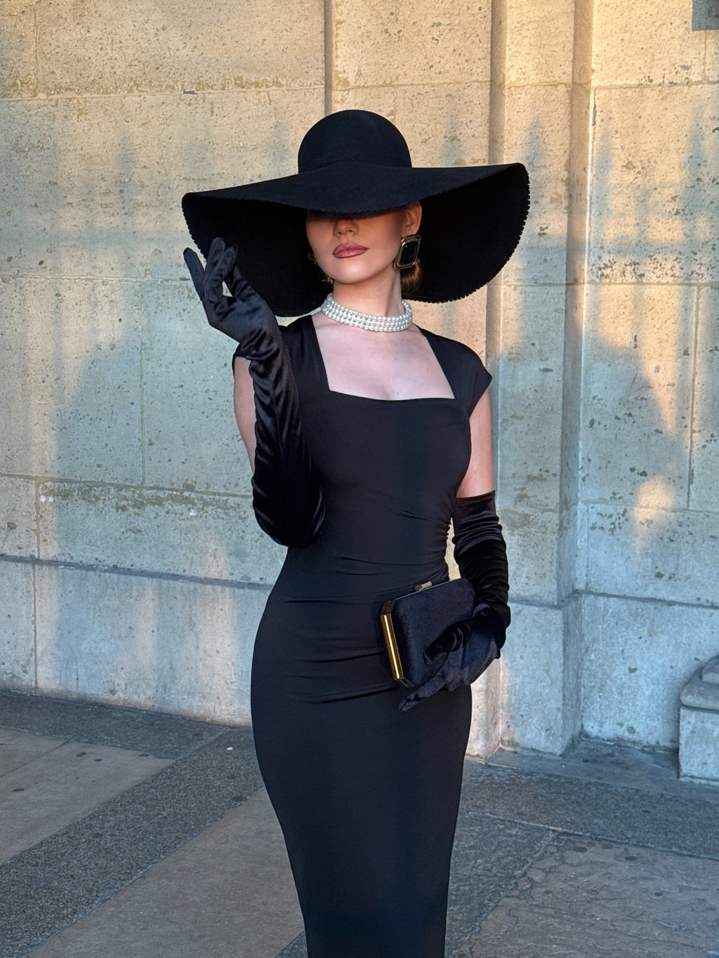 Black Square Neck Hip Wrap Dress With Gloves