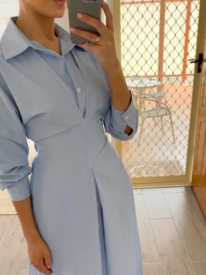 Blue Striped Single-breasted Shirt Dress