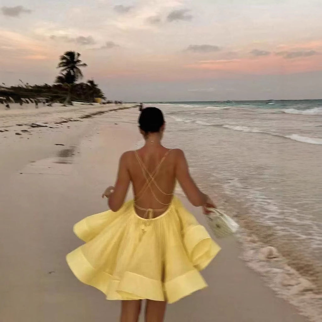 Sexy Sling Deep V-neck Backless Pleated Tulle Tutu Dress