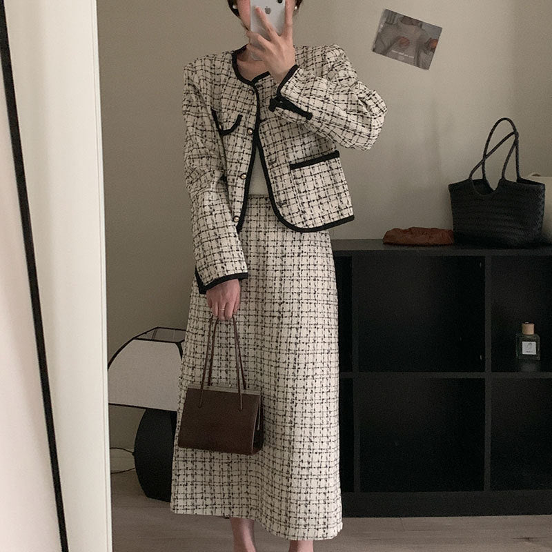 Small Country Style Round Neck Tweed Short Coat High Waist Plaid Skirt Suit