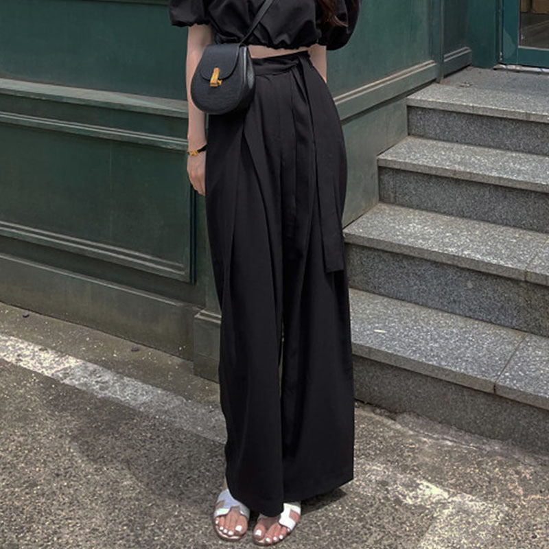 Minority All-match High Waist Pleated Asymmetric Bandage Design Draping Wide Leg Mop Pants Trousers For Women