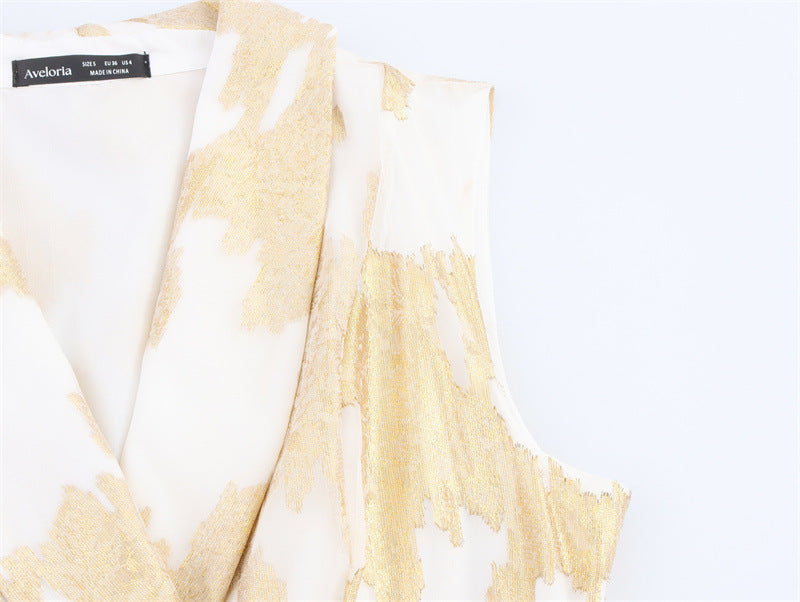 Fitted Waist Turn-down Collar Sleeveless Long Dress