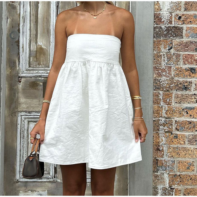 Fashionable Retro Pure Color Tube-top Sleeveless Midi Dress