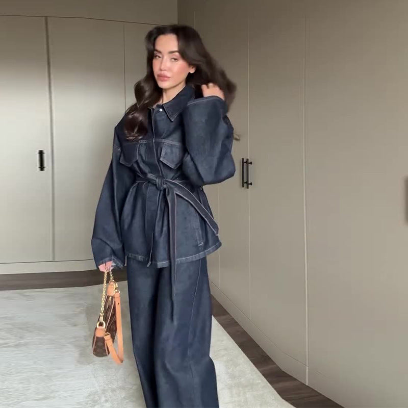 Fitted Waist Turn-down Collar Waist Denim Coat