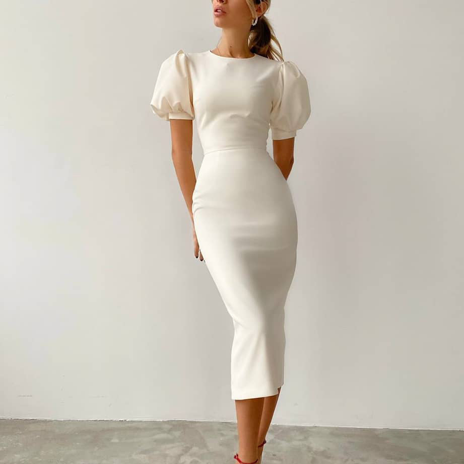 Round Neck Short Sleeve Temperament Commuter Tight High Waist Bubble Sleeve Dress Female Package Hip Skirt