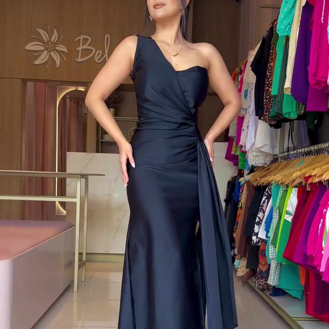 One-sleeve Knotted Slit Dress