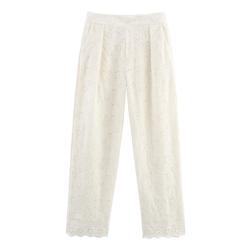 Summer Hollow Embroidered Women's Shirt Pants Suit