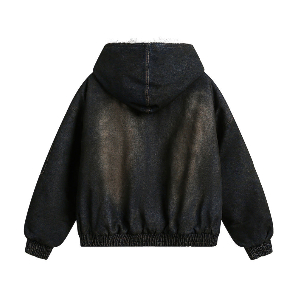 Distressed Dirty Denim Hooded Cotton Coat Jacket Winter Men