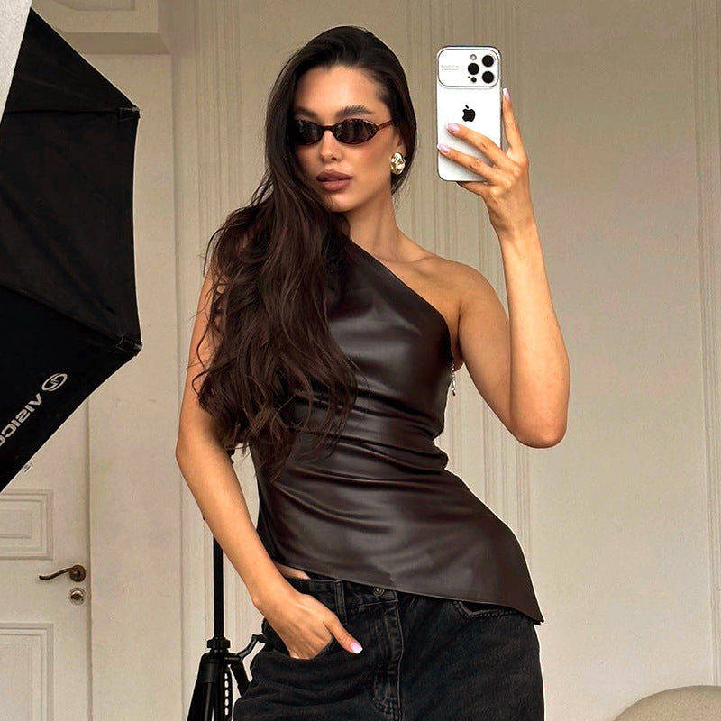 Solid Color Sleeveless One-shoulder Diagonal Collar Zipper T-shirt Top For Women