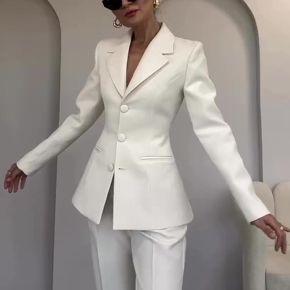 Classic Waist-cinched Blazer & High-waisted Pants White Suit