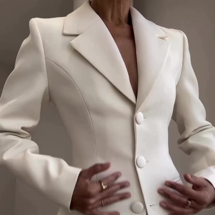 Classic Waist-cinched Blazer & High-waisted Pants White Suit