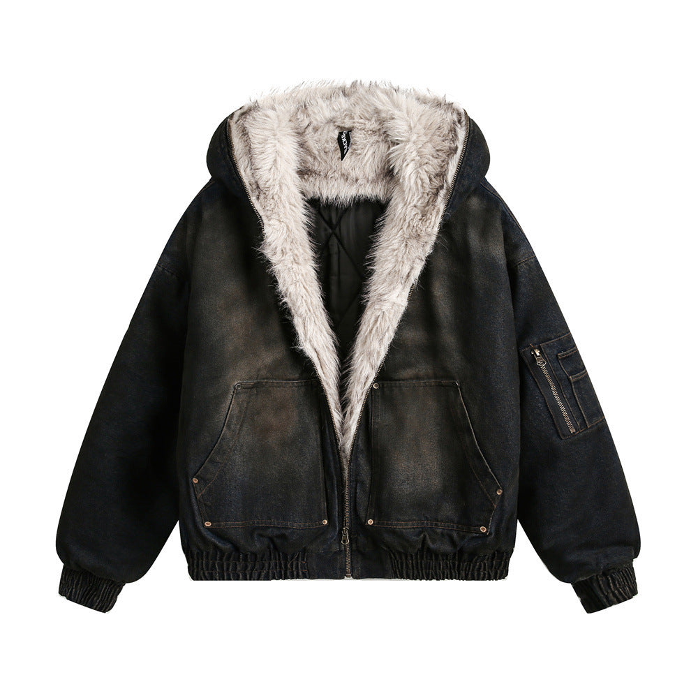 Distressed Dirty Denim Hooded Cotton Coat Jacket Winter Men