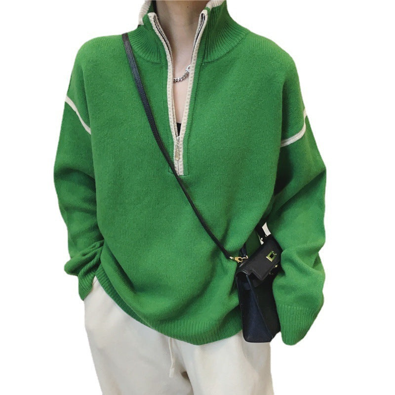 Stand Collar Zipper Loose Multicolor Fashion Sweater Women