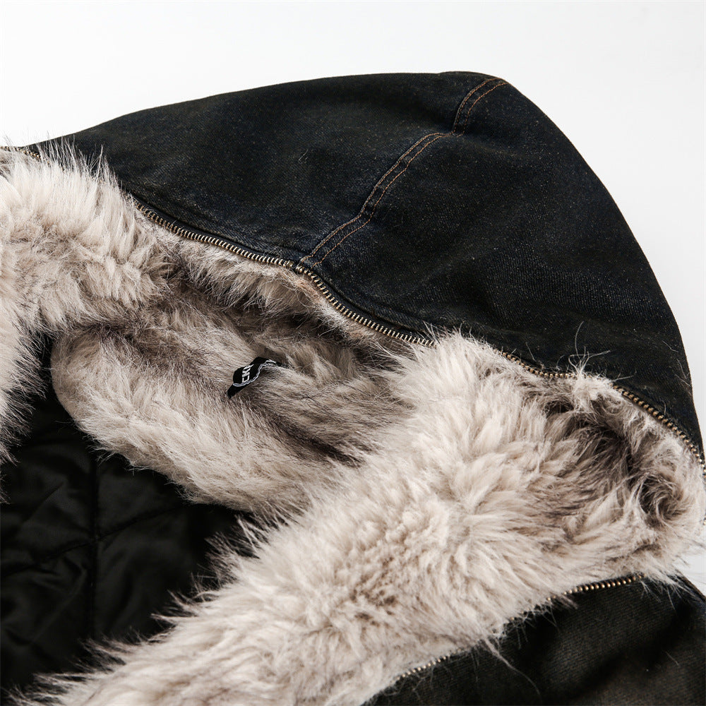 Distressed Dirty Denim Hooded Cotton Coat Jacket Winter Men