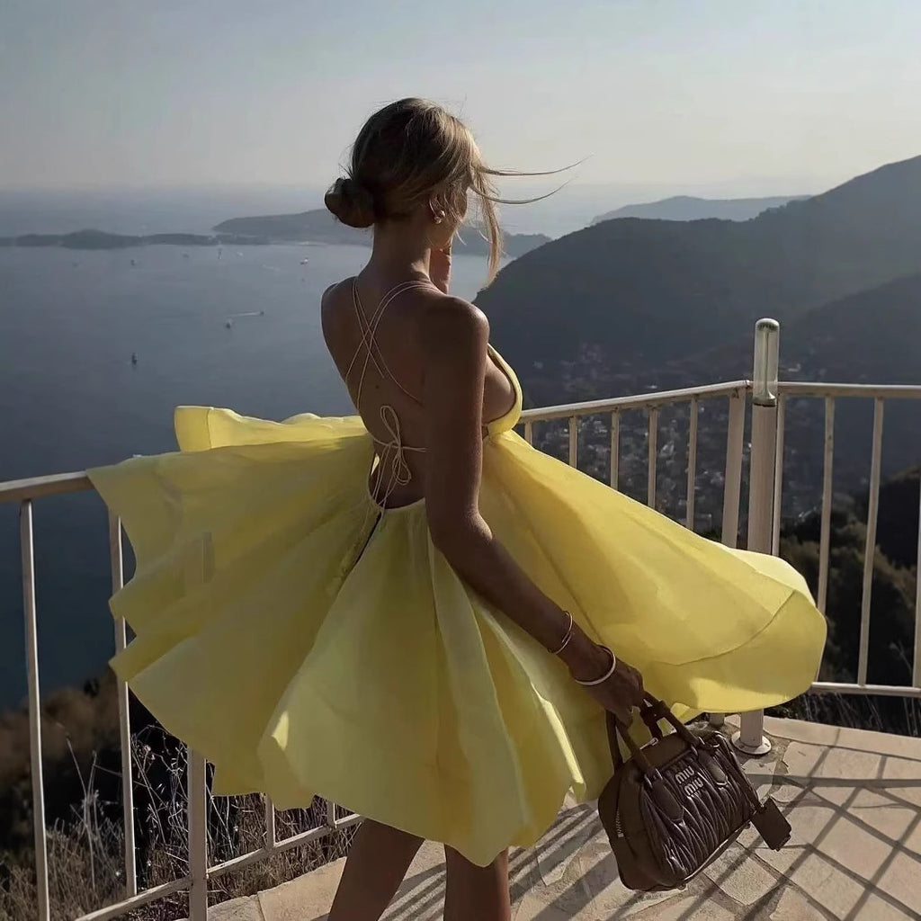 Sexy Sling Deep V-neck Backless Pleated Tulle Tutu Dress