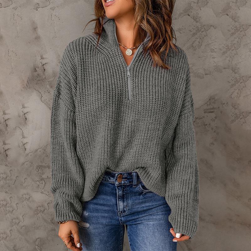 Half Open Collar Solid Color Loose Turtleneck Pullover Sweater