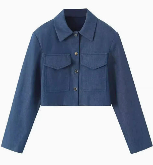 Double Pocket Cropped Coat Top High Waist Wide Leg Pants Suit