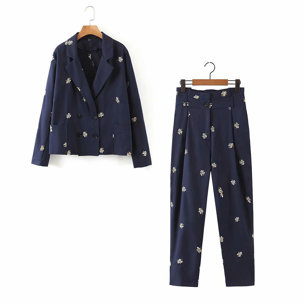 Suit jacket + embroidered casual pants suit
