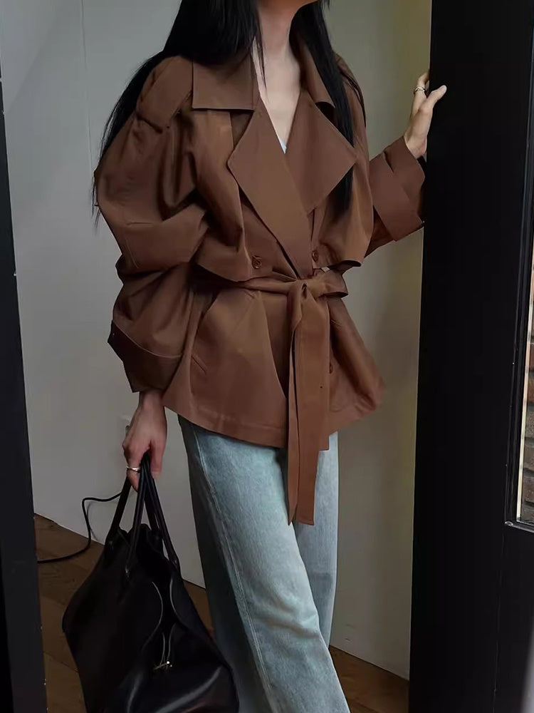 Vintage Suit Collar Lace-up Waist-controlled Long Sleeve Trench Coat Short Coat