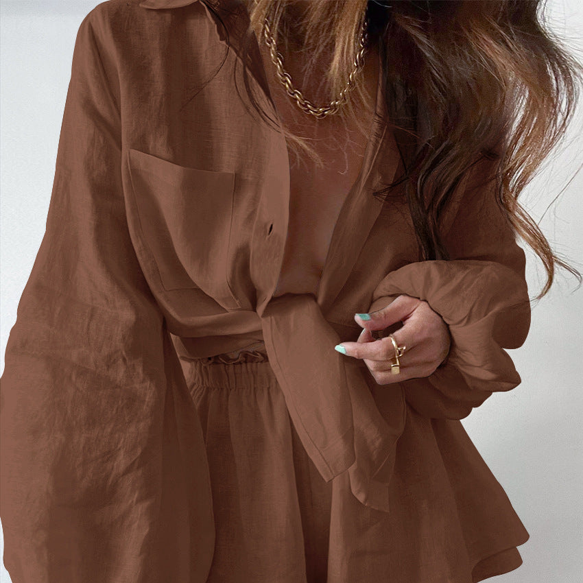 Cotton Linen Women's Long-sleeved Top Ruffle Shorts Two-piece Casual Fashion White Suit