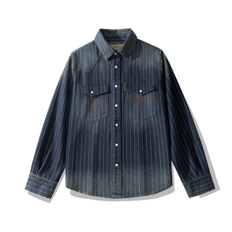 Retro Distressed Striped Denim Shirt