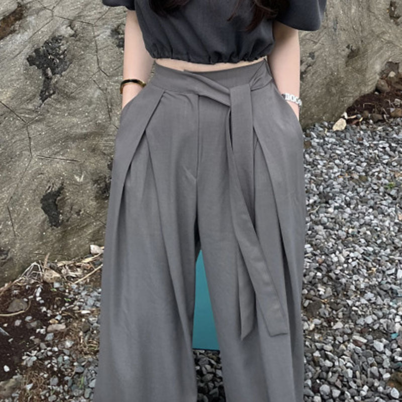 Minority All-match High Waist Pleated Asymmetric Bandage Design Draping Wide Leg Mop Pants Trousers For Women