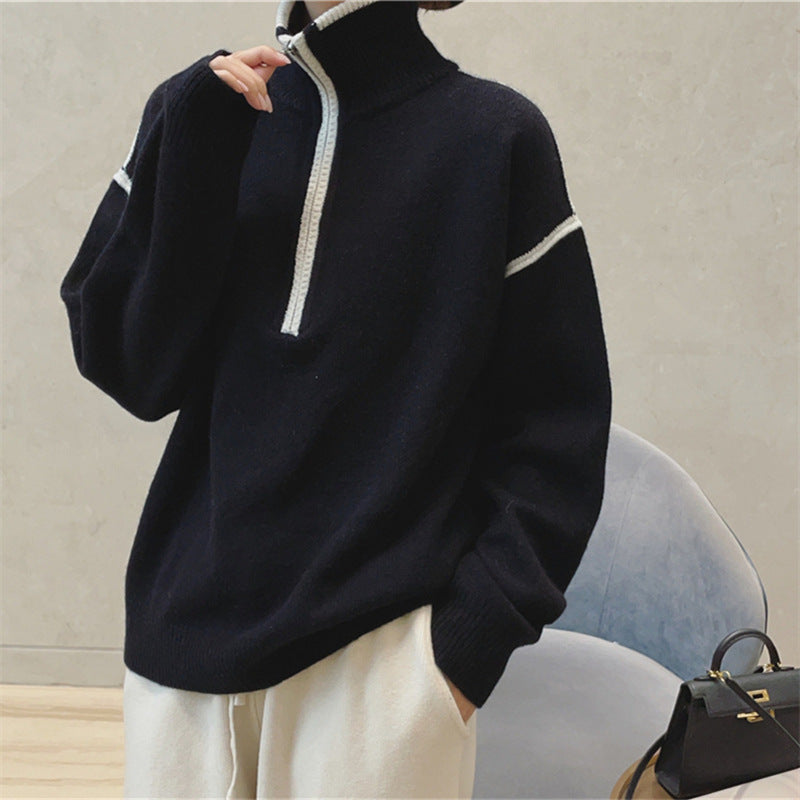 Stand Collar Zipper Loose Multicolor Fashion Sweater Women