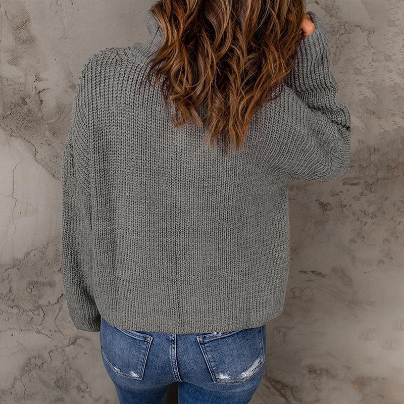 Half Open Collar Solid Color Loose Turtleneck Pullover Sweater