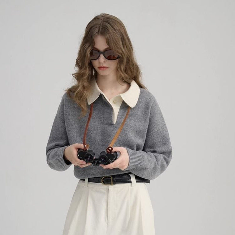New Contrast Color Polo Collar Pullover Simple Lapel Sweater